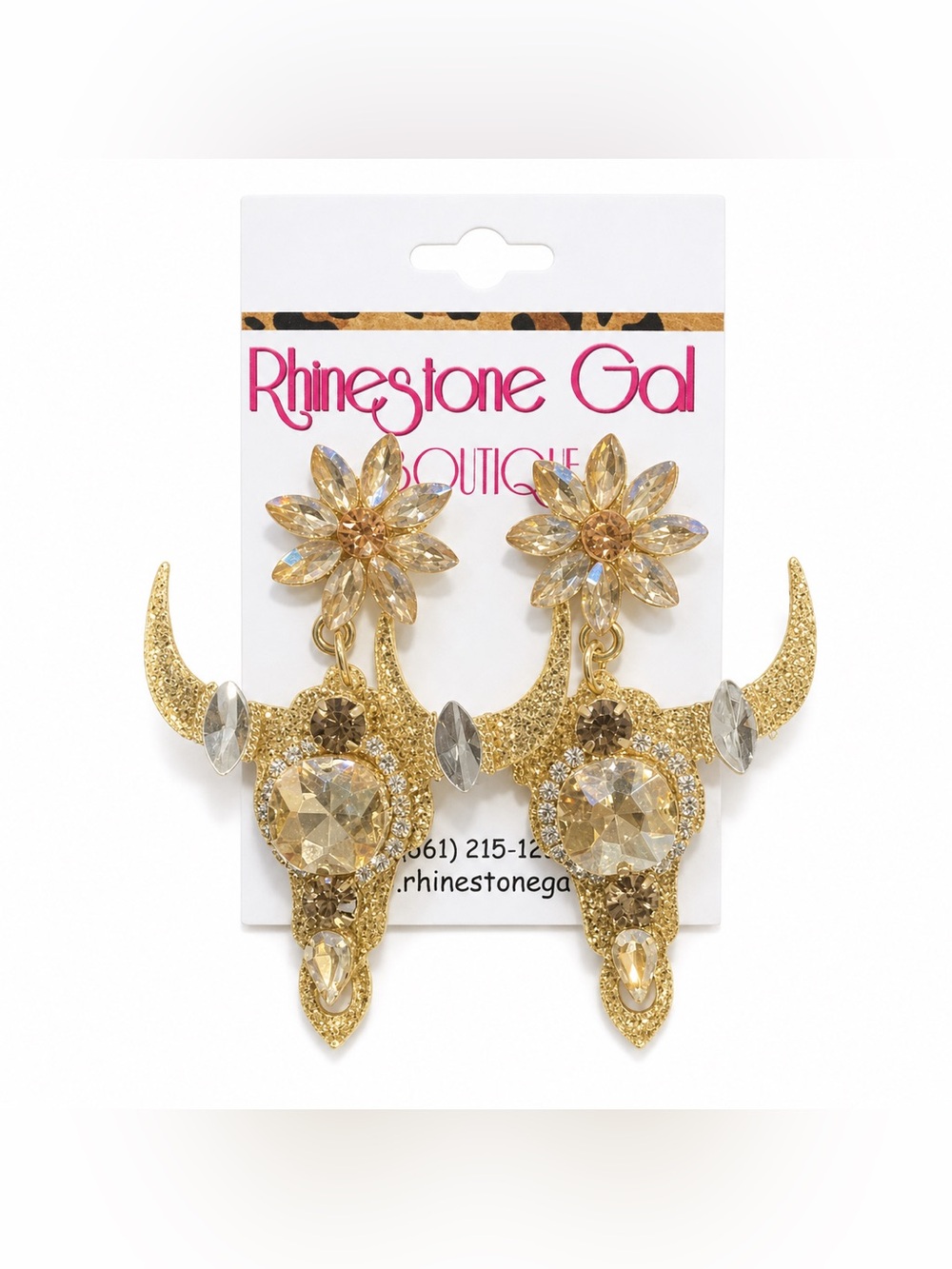 BRAND NEW WITH TAGS Western Gold Crystal Bull Head Statement Earrings